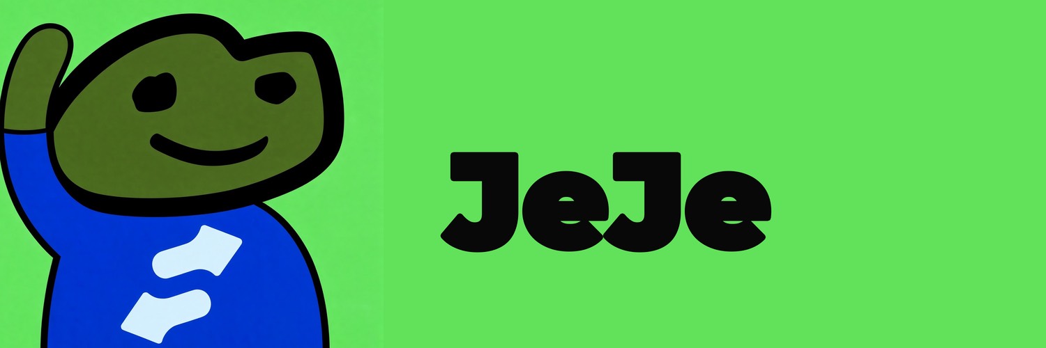 JeJe banner — waving frog beside the JeJe wordmark on lime